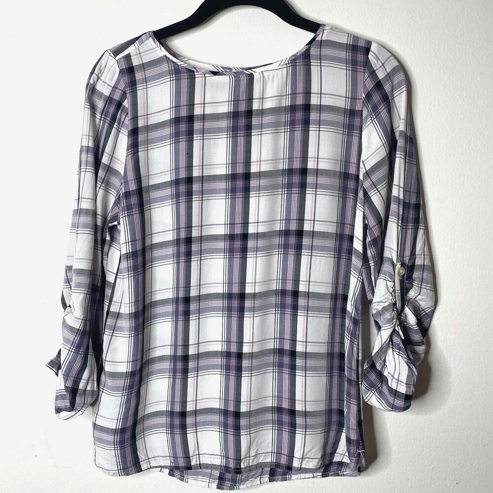 Loft Lavender Plaid Flowy Roll-Tab Sleeve Shirred Back Keyhole Button Blouse SP